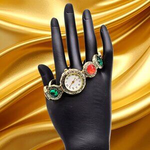 Gold-Tone Gemstone Stretch Watch Bracelet – Red & Green Statement Watch